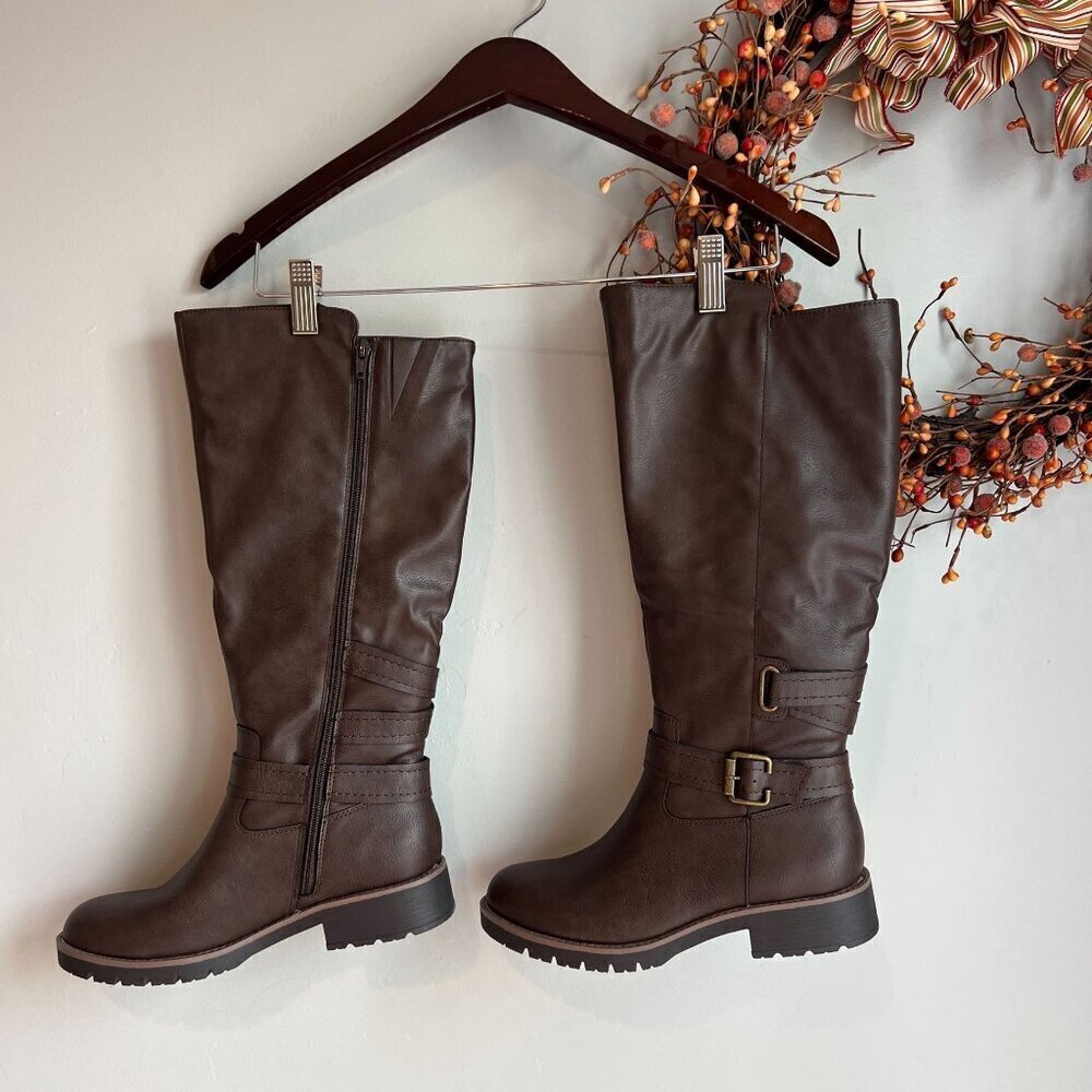 Sun + Stone Blakelyy Womens Buckle Knee-High Boots Sz 10M in Chocolate Brown